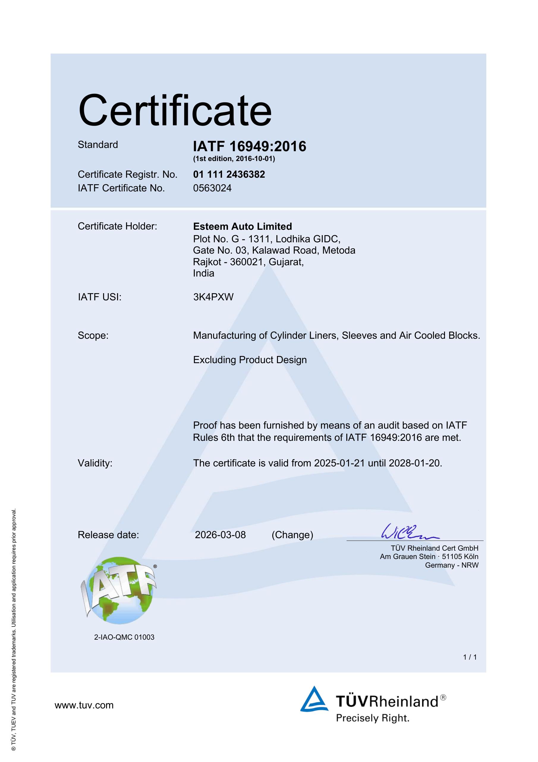 IATF 16949:2016 Certificate - Esteem Auto Limited