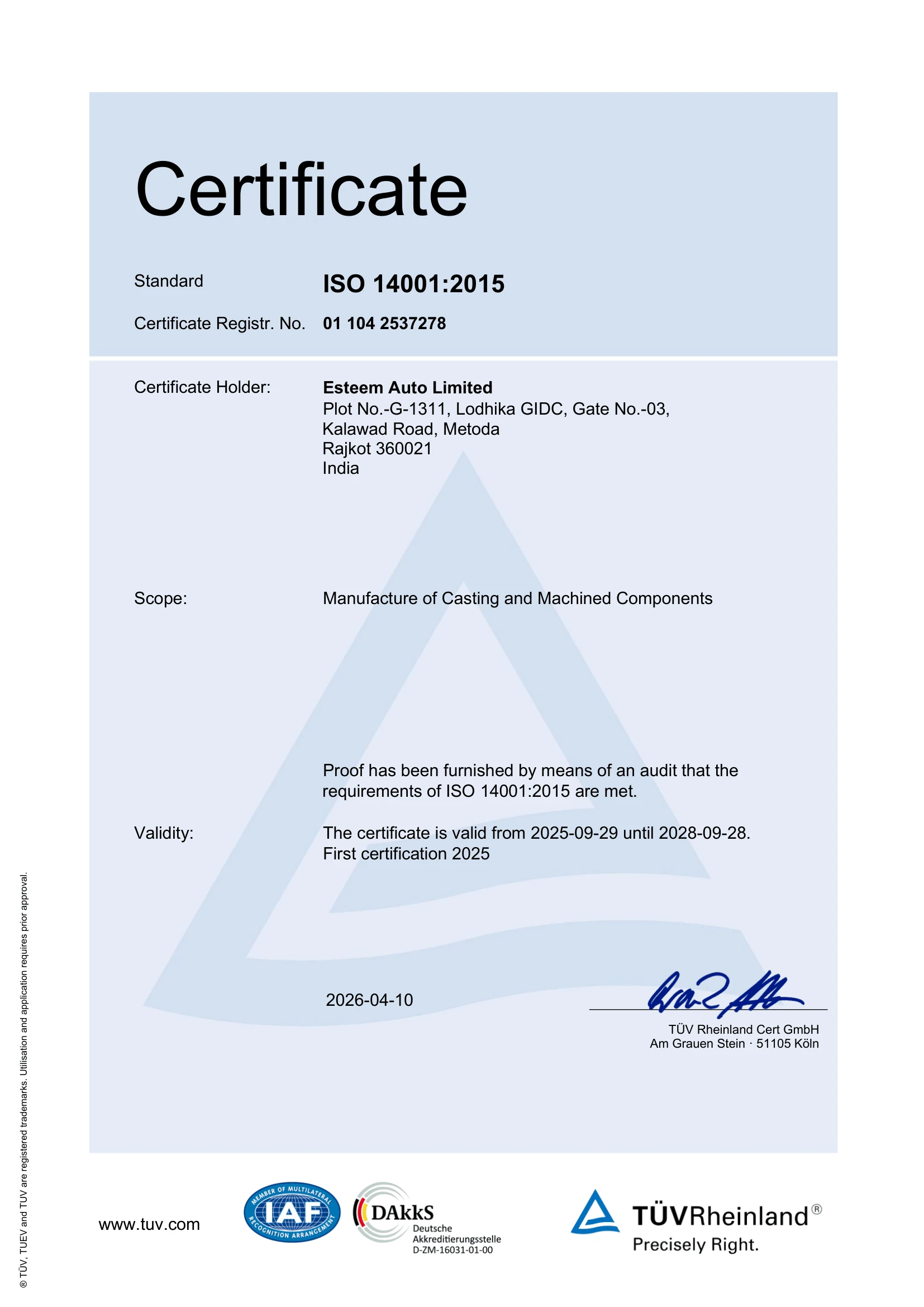 ISO 14001:2015 Certificate - Esteem Auto Limited